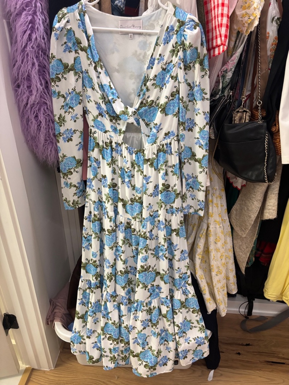 Charles Henry White Maxi Dress with Blue Floral Print